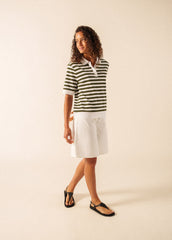 CAROLA Striped Knit Polo Shirt (WHITE / ARMY GREEN)