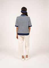 CAROLA Striped Knit Polo Shirt (INDIGO / IVORY)