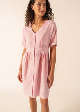 MATHILDE Striped Linen Blend Dress (WHITE / POPPY RED)