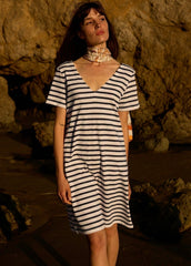 COUTAINVILLE V-Neck Nautical Dress (ECRU / NAVY)