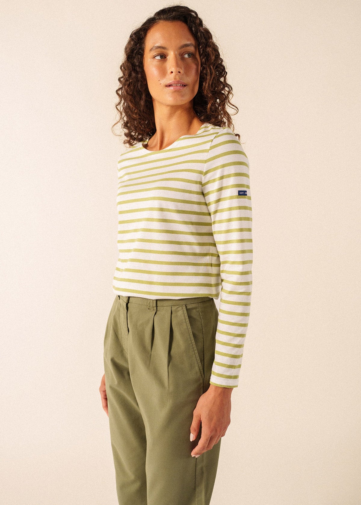 MINQUIDAME Breton Shirt  (WHITE / SAGE OLIVE)
