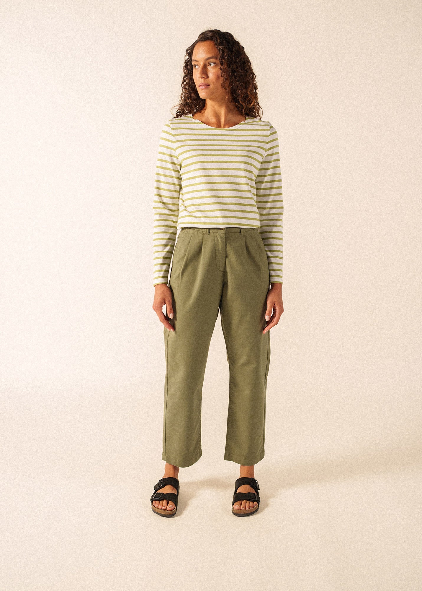 MINQUIDAME Breton Shirt  (WHITE / SAGE OLIVE)