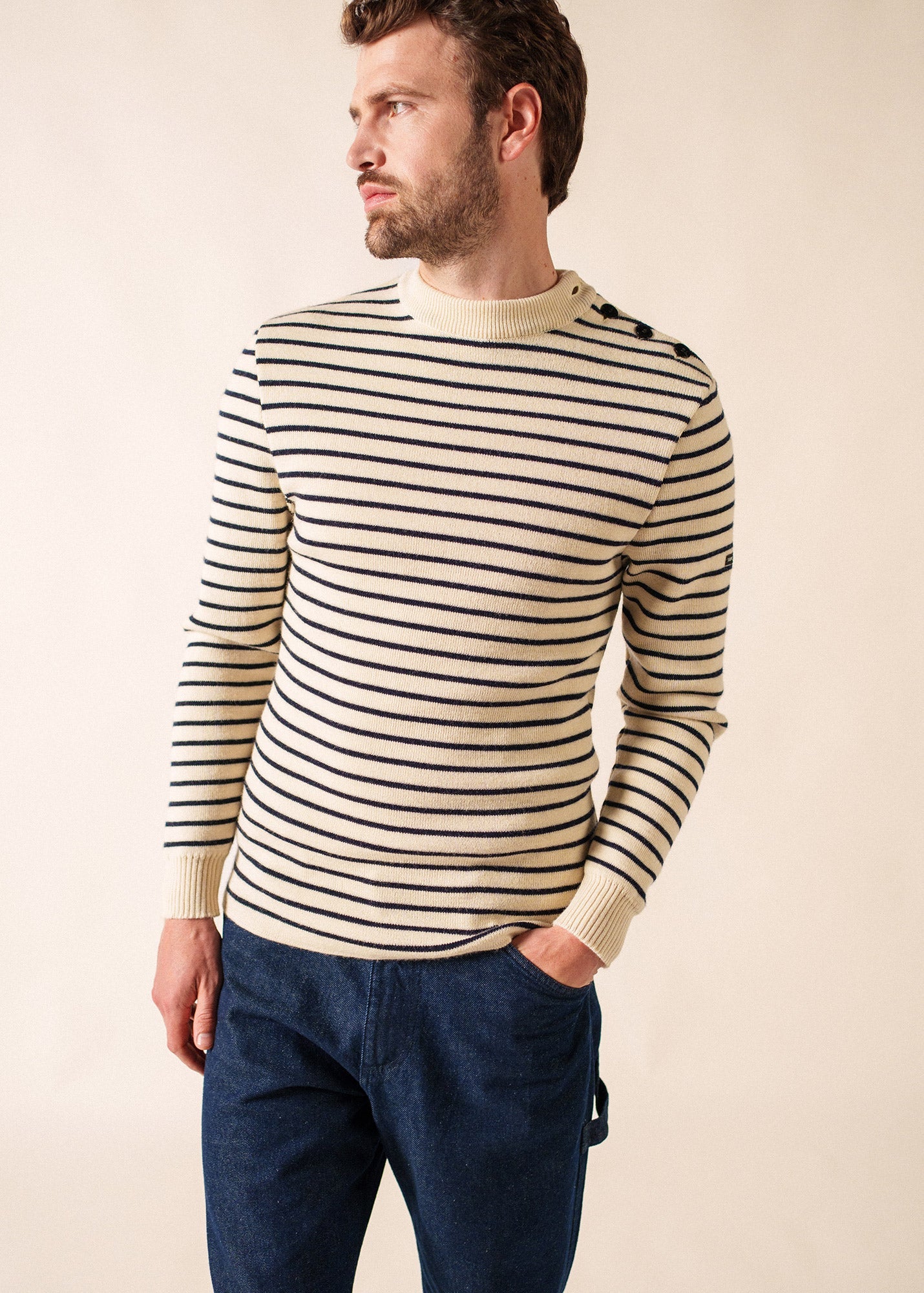 MATELOT Striped Wool Fisherman Sweater (ECRU / NAVY)