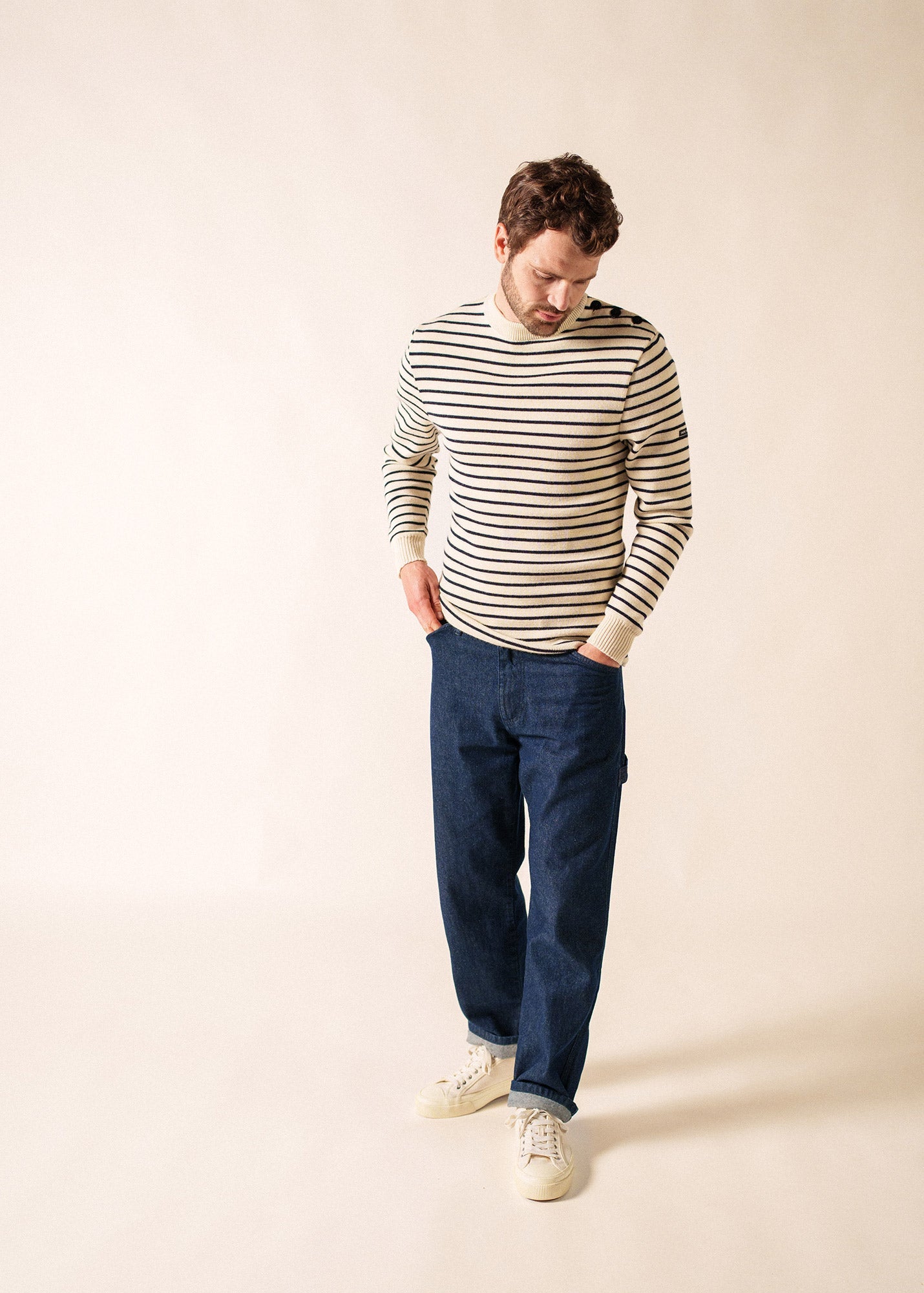 MATELOT Striped Wool Fisherman Sweater (ECRU / NAVY)
