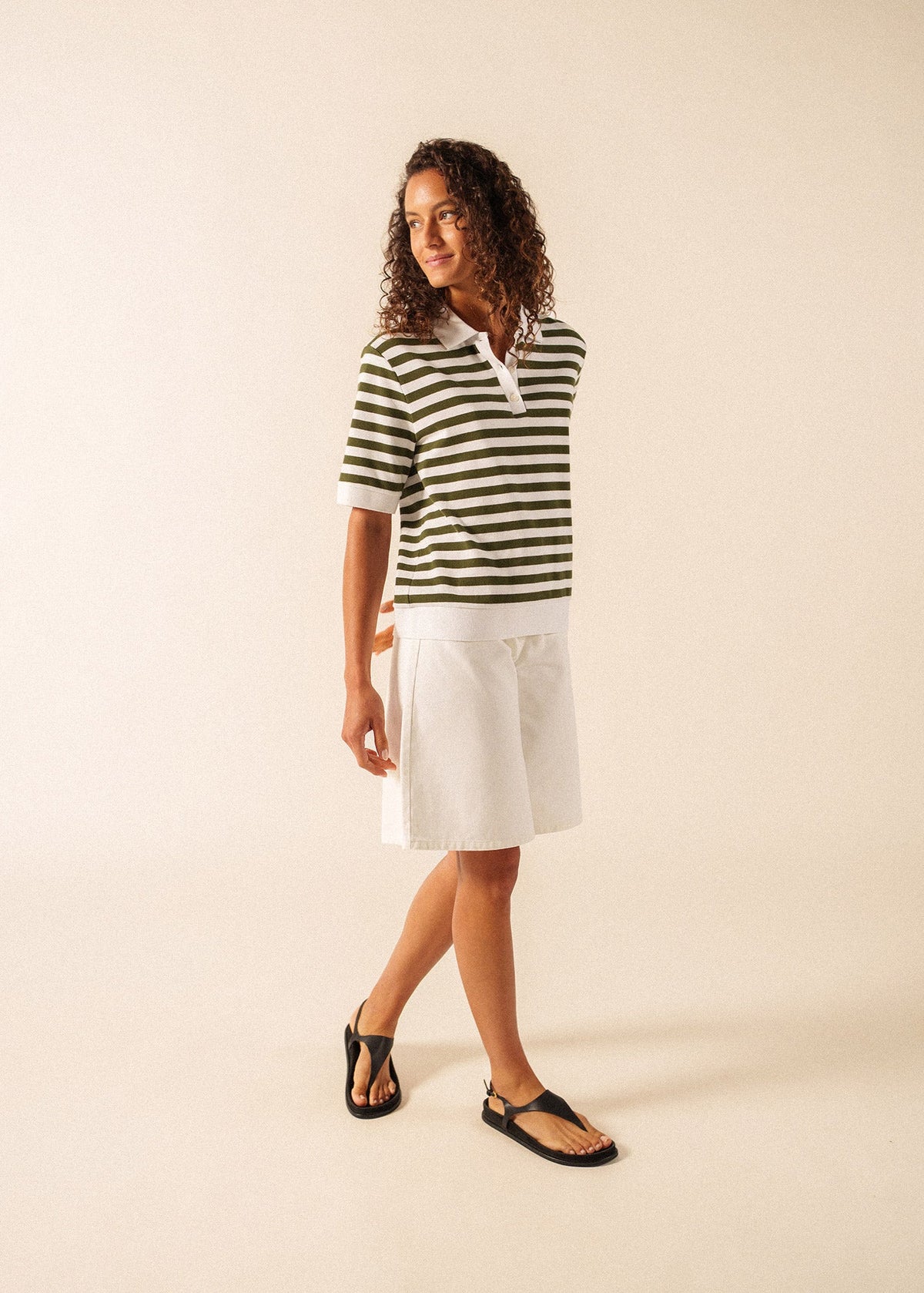 CAROLA Striped Knit Polo Shirt (WHITE / ARMY GREEN)