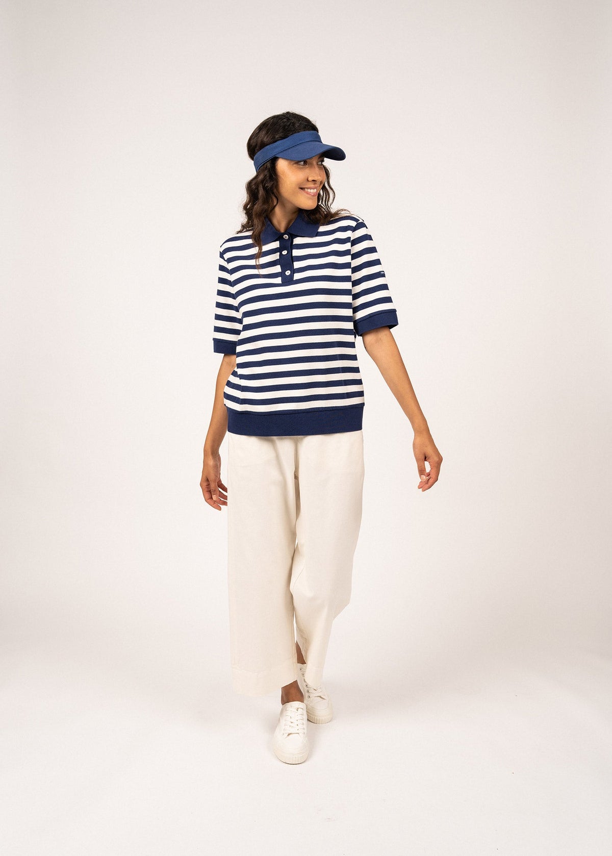 CAROLA Striped Knit Polo Shirt (INDIGO / IVORY)