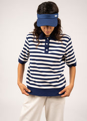 CAROLA Striped Knit Polo Shirt (INDIGO / IVORY)