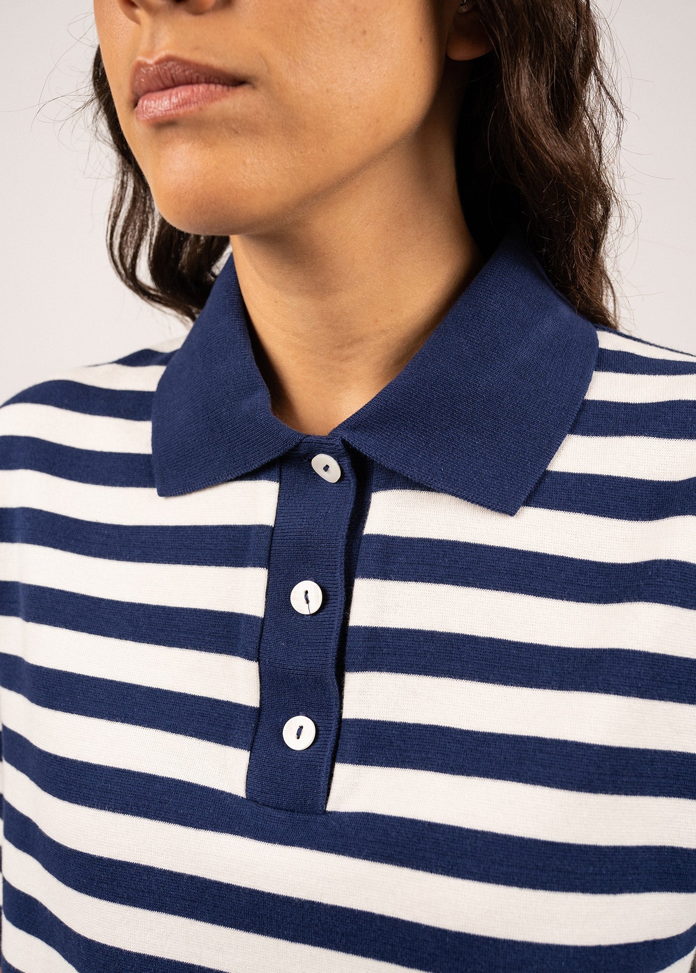 CAROLA Striped Knit Polo Shirt (INDIGO / IVORY)