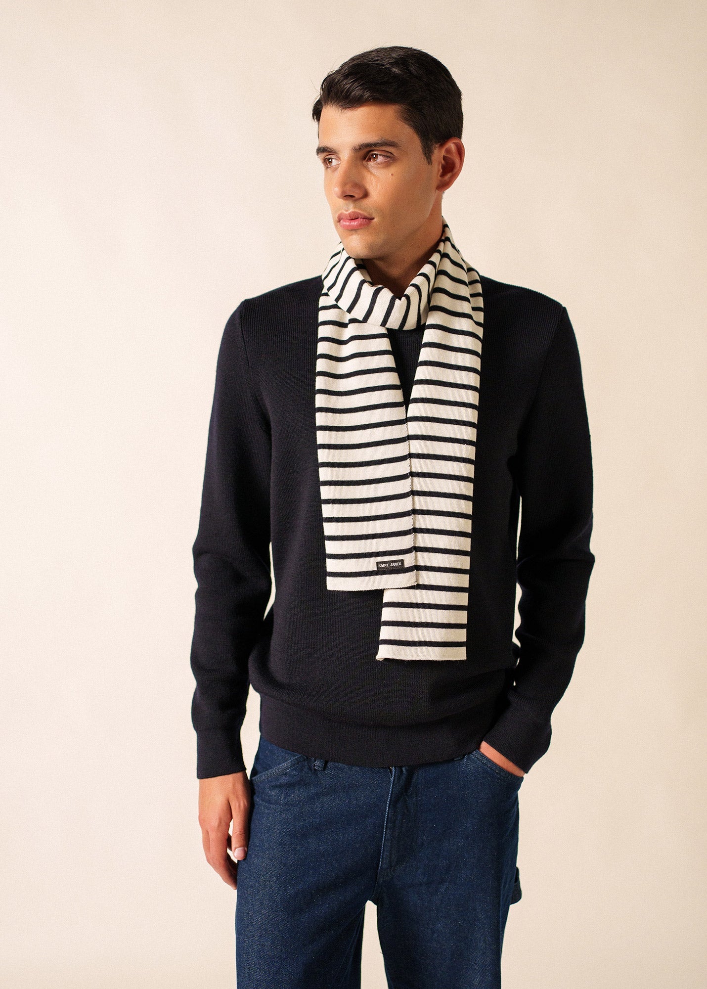 DUGUAY Striped Wool Scarf  (IVORY / NAVY)