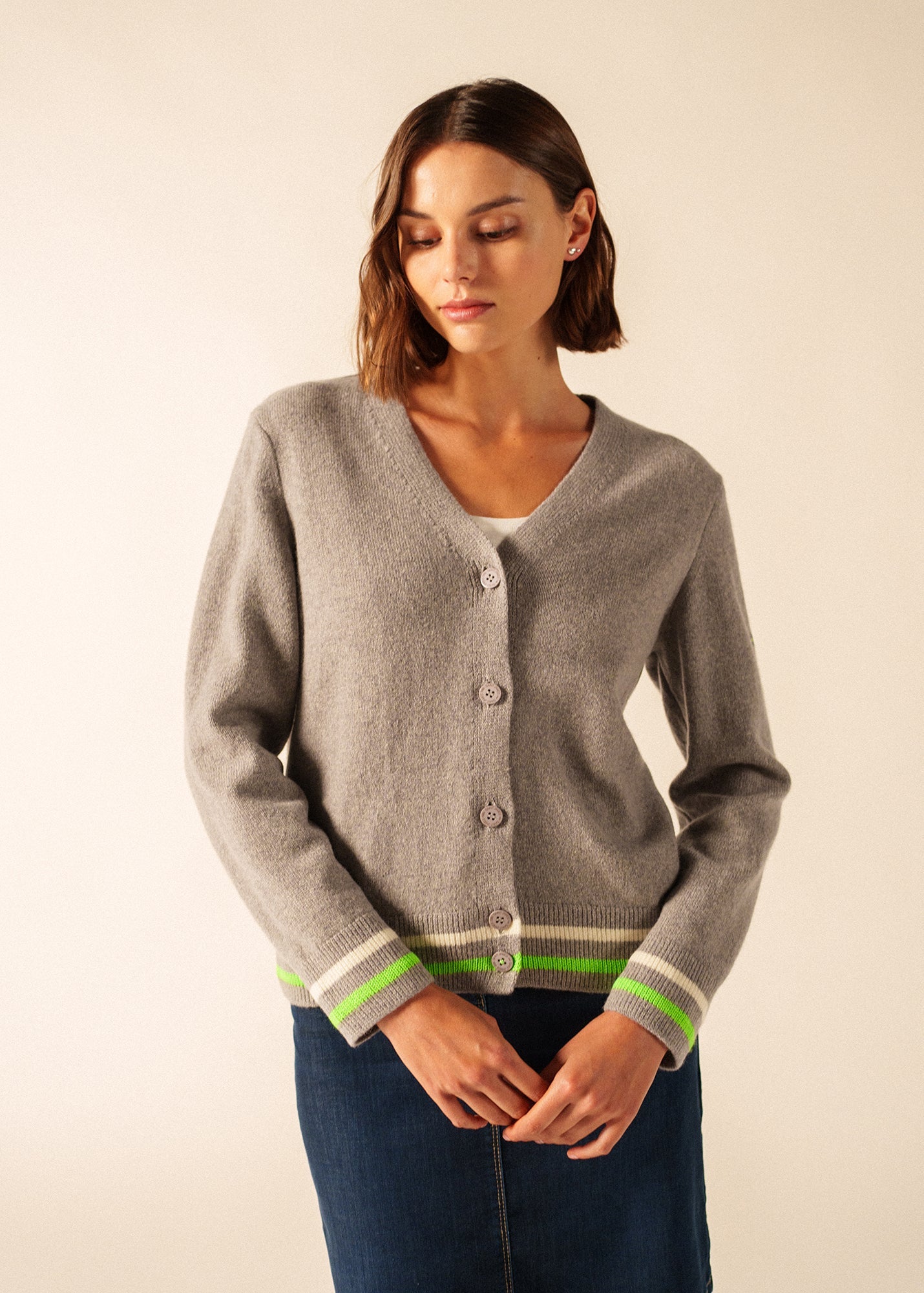 ANNECY Wool Cardigan (GRAY / NEON GREEN / IVORY)