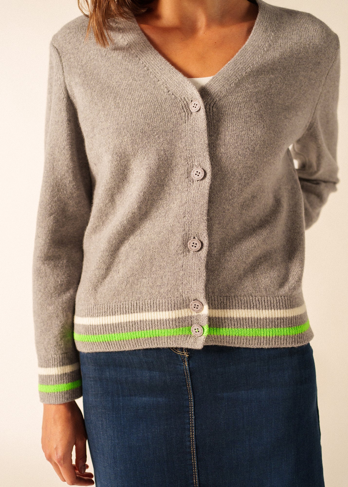 ANNECY Wool Cardigan (GRAY / NEON GREEN / IVORY)