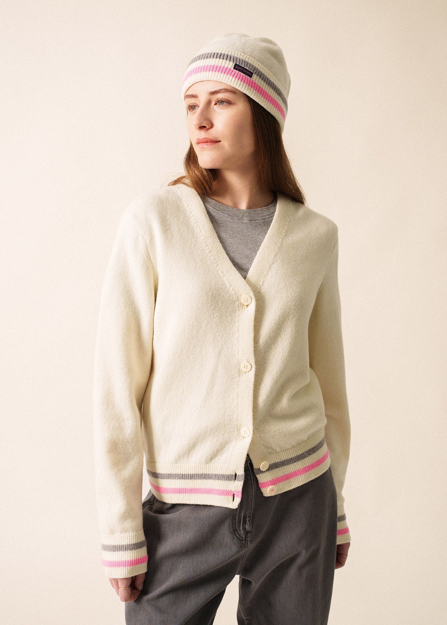 ANNECY Wool Cardigan (IVORY / BRIGHT PINK / GRAY)