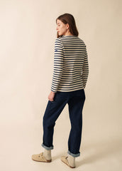 MERIDAME COEUR - Breton Striped Shirt with Heart-Shaped Buttons | Heavyweight Cotton | Women Fit (ECRU / NAVY /RED)