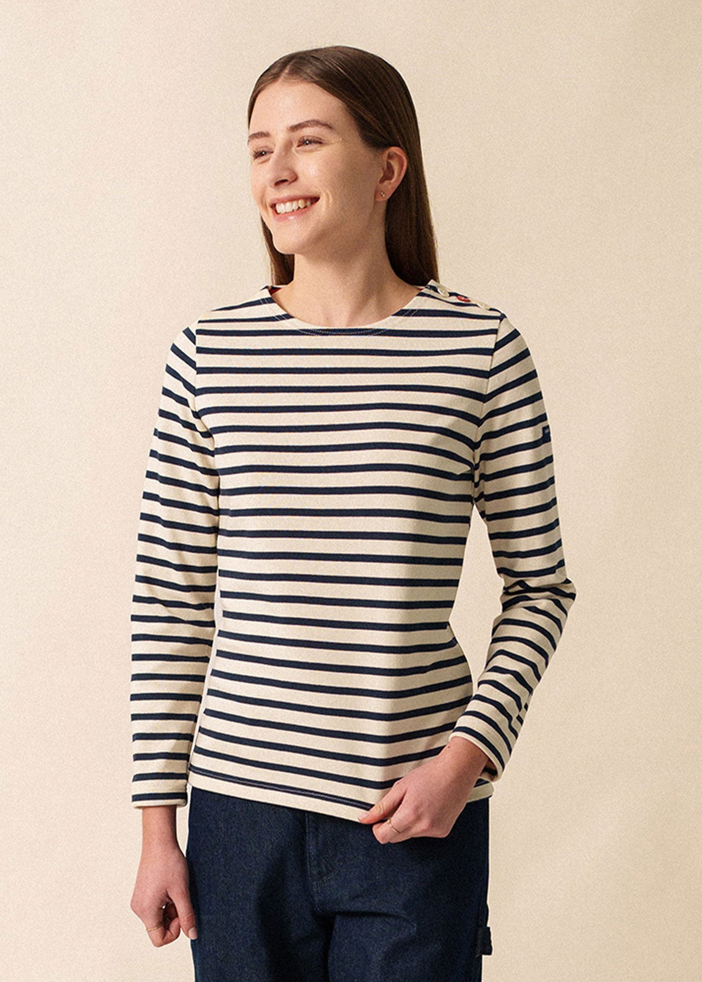 MERIDAME COEUR - Breton Striped Shirt with Heart-Shaped Buttons | Heavyweight Cotton | Women Fit (ECRU / NAVY /RED)