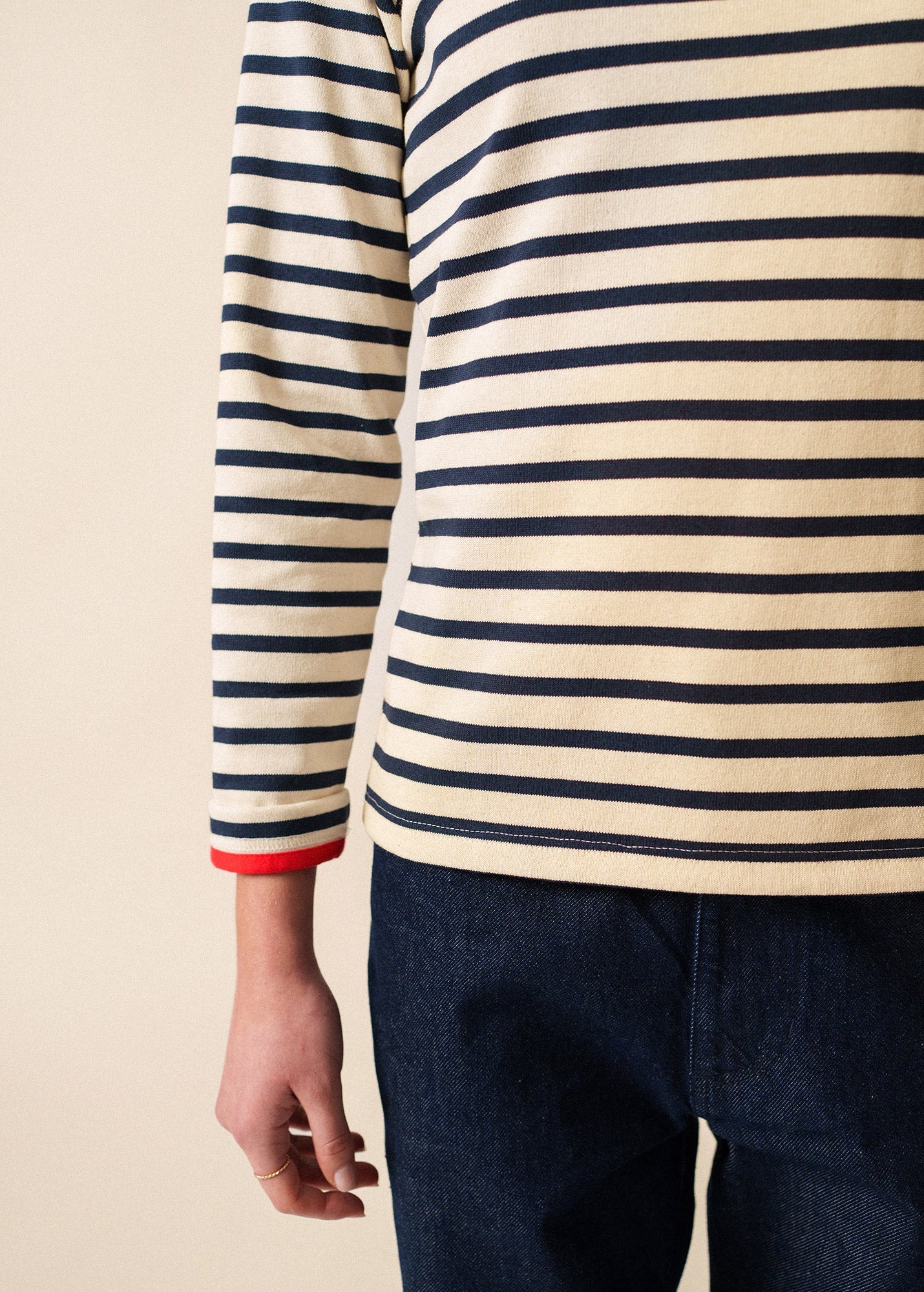 MERIDAME COEUR - Breton Striped Shirt with Heart-Shaped Buttons | Heavyweight Cotton | Women Fit (ECRU / NAVY /RED)