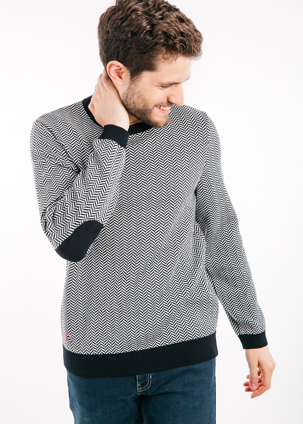 JUBILE Herringbone Jacquard Sweater (NAVY / IVORY)