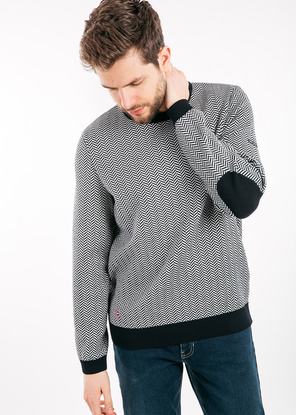 JUBILE Herringbone Jacquard Sweater (NAVY / IVORY)