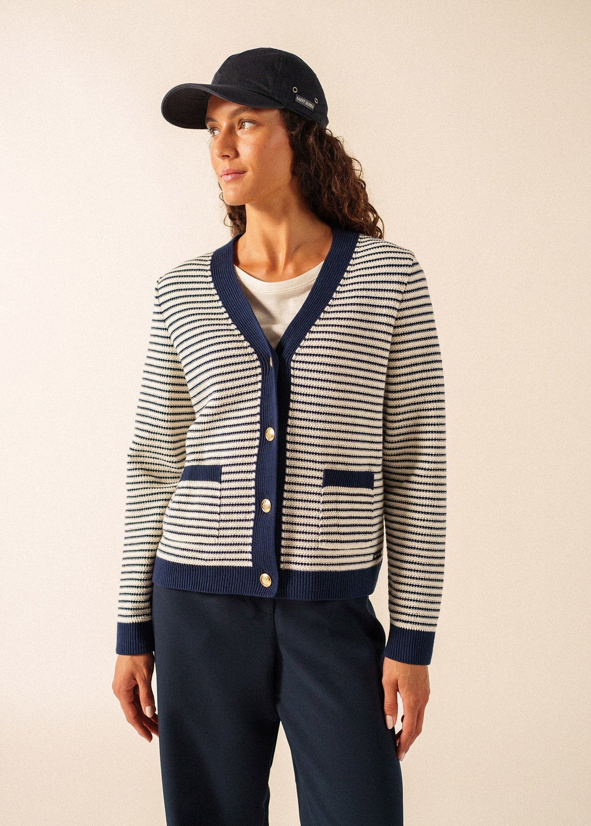 ISTRES Textured Knit Cardigan (IVORY / NAVY)