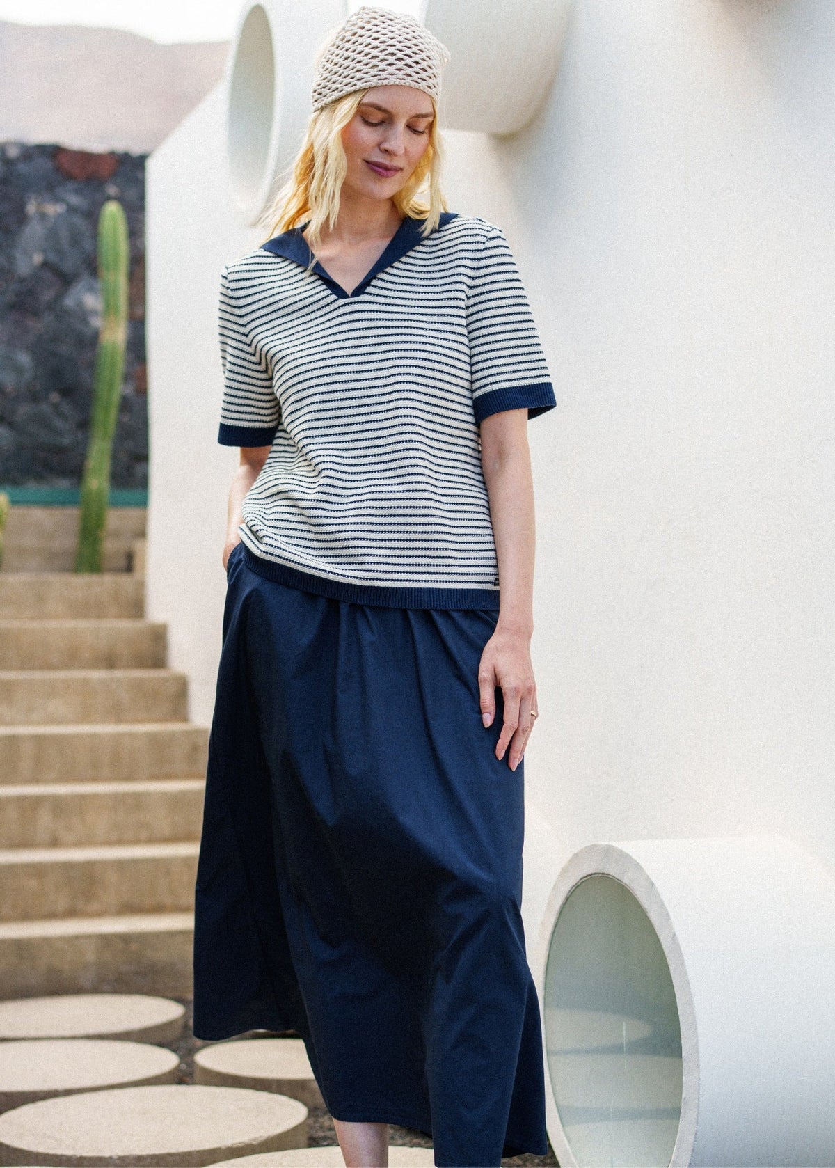ALBANE Cotton Drawstring Skirt (NAVY)