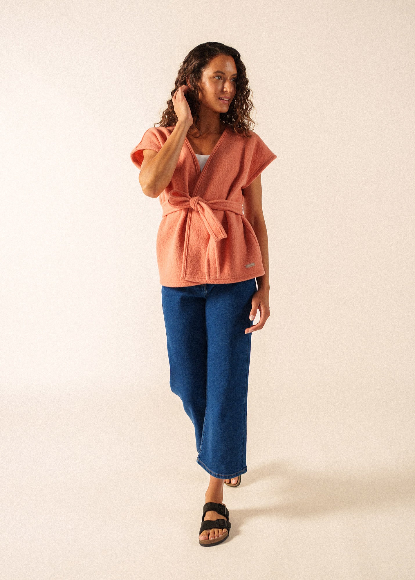 LANDEMER Boiled Wool Sleeveless Kimono Jacket (CLAY)
