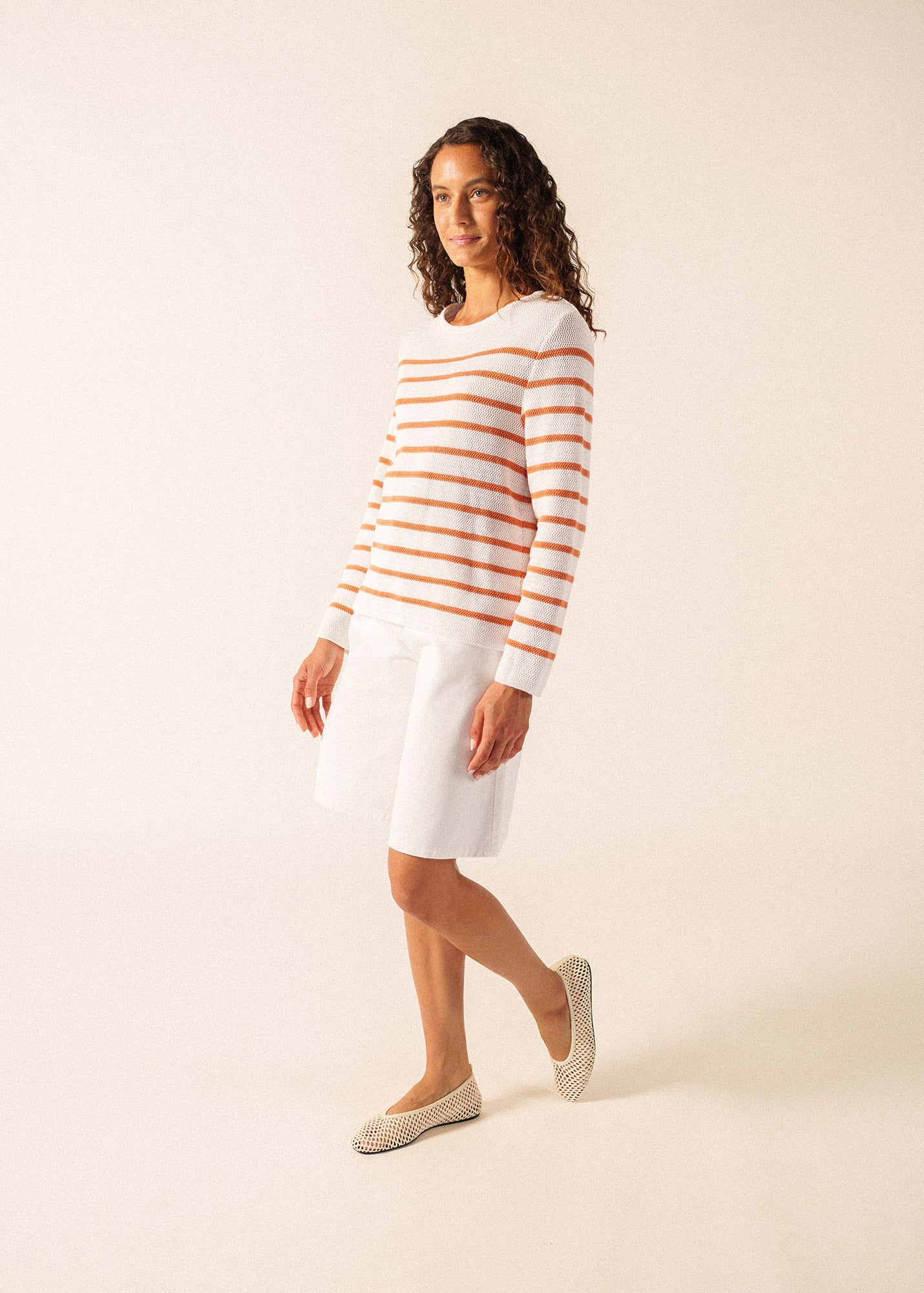 MARTIGUES Open-Knit Striped Sweater  (WHITE / CLAY)