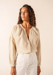 CHARLOTTE Striped Linen Voile Blouse (WHITE / CHOCOLATE)