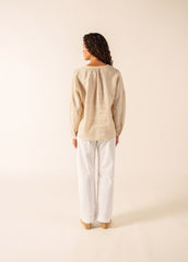 CHARLOTTE Striped Linen Voile Blouse (WHITE / CHOCOLATE)