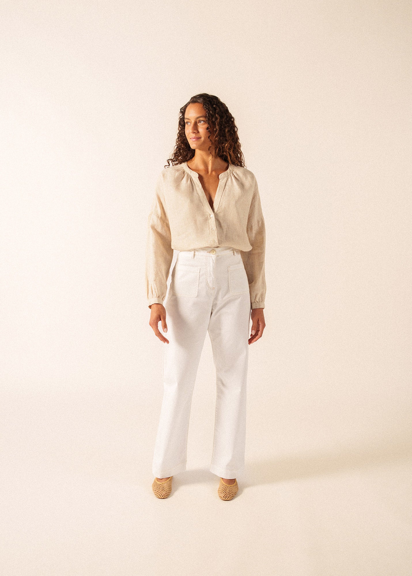 CHARLOTTE Striped Linen Voile Blouse (WHITE / CHOCOLATE)