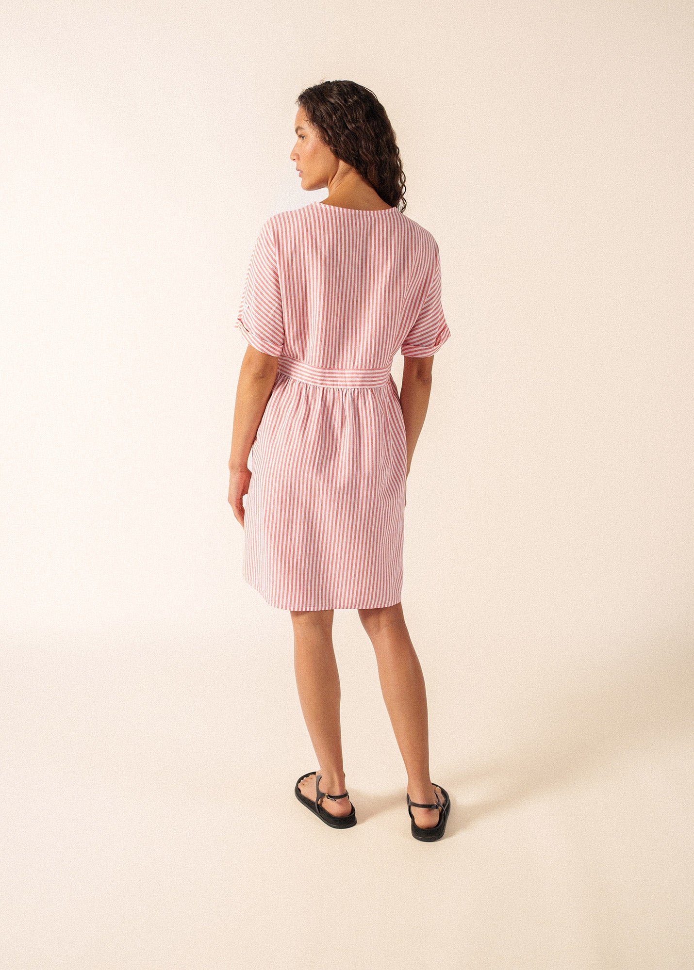 MATHILDE Striped Linen Blend Dress (WHITE / POPPY RED)