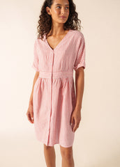 MATHILDE Striped Linen Blend Dress (WHITE / POPPY RED)