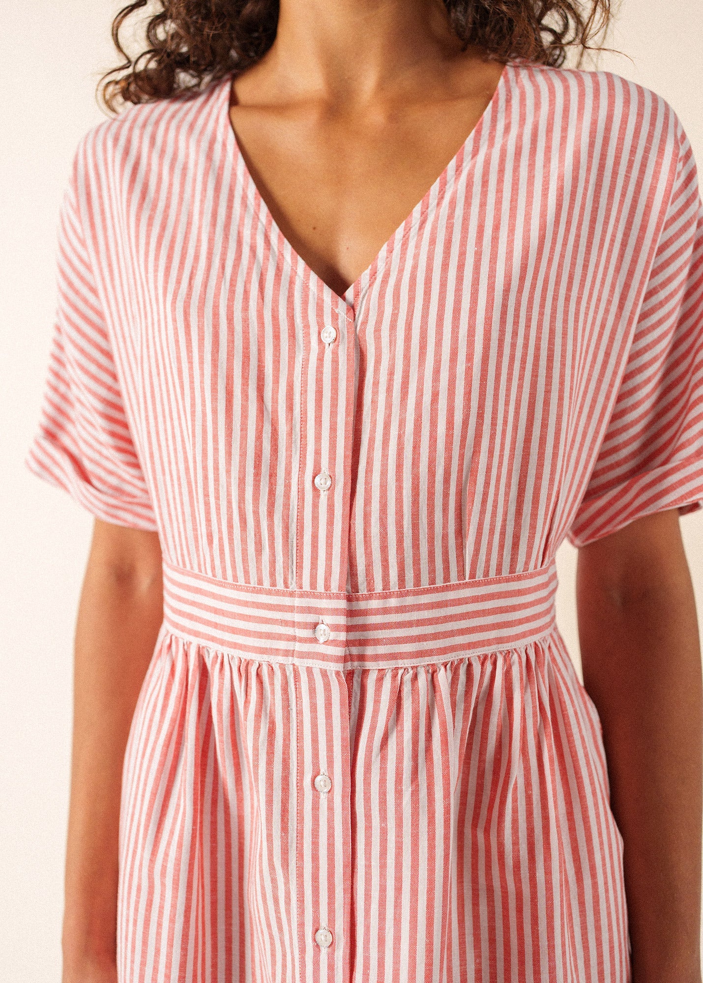 MATHILDE Striped Linen Blend Dress (WHITE / POPPY RED)