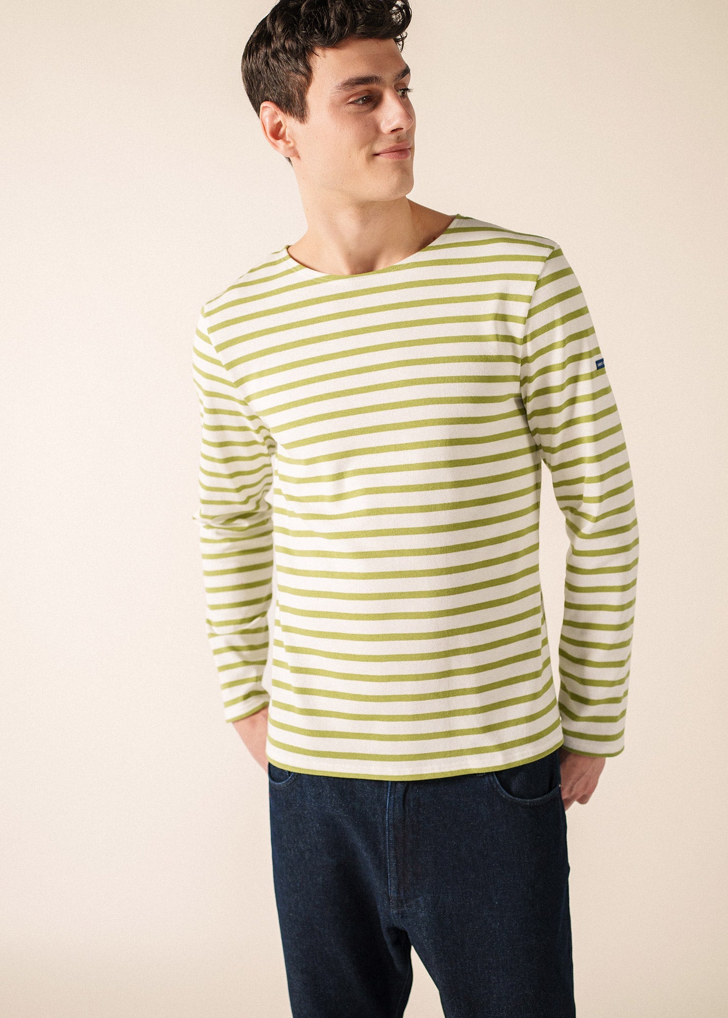 MERIDIEN MODERNE Breton Shirt (WHITE / SAGE OLIVE)