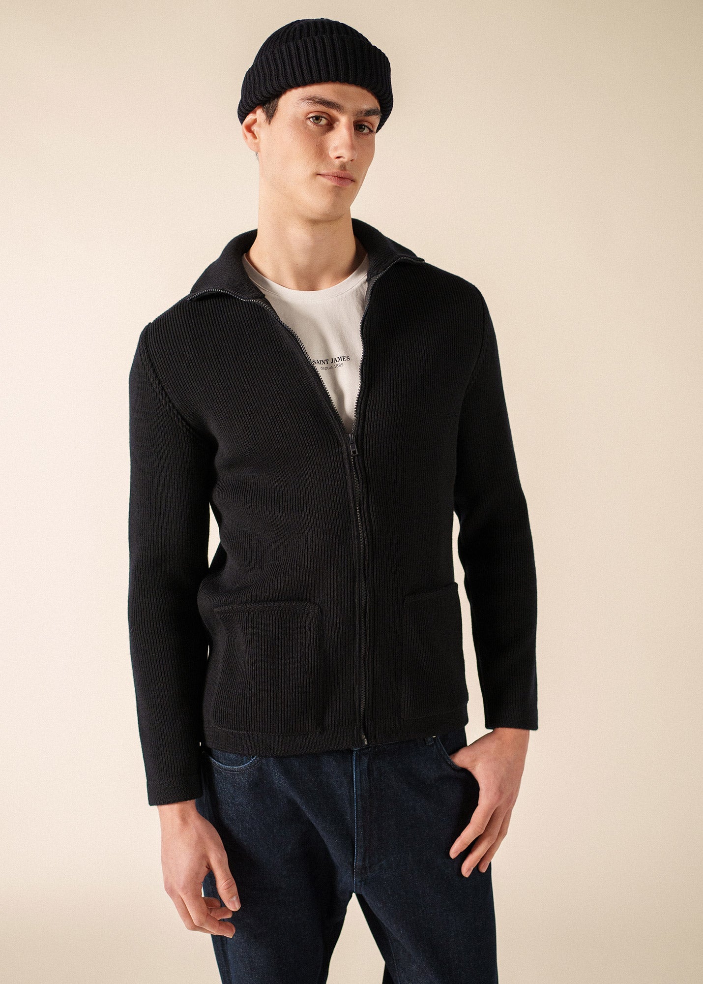 QUIBERON High Collar Knit Jacket (NAVY)