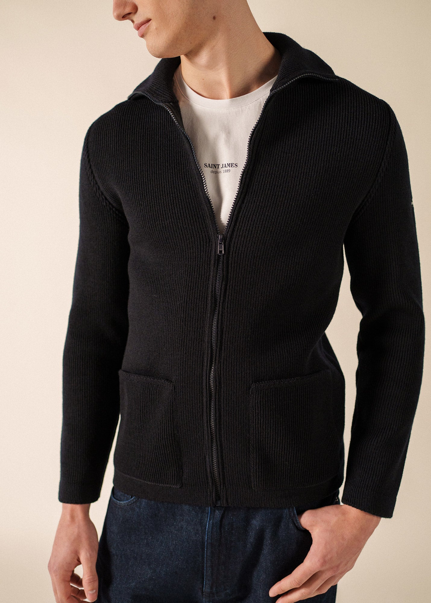 QUIBERON High Collar Knit Jacket (NAVY)