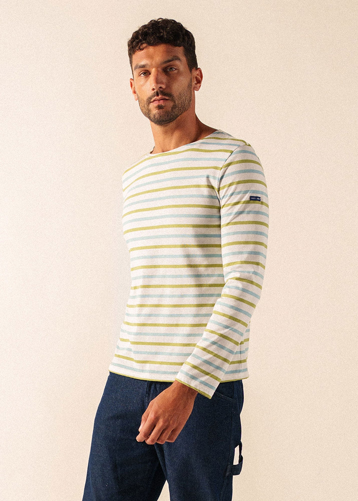 MINQUIERS MODERN TRI Tri-Color Breton Shirt (WHITE / SKYLIGHT BLUE / SAGE OLIVE)