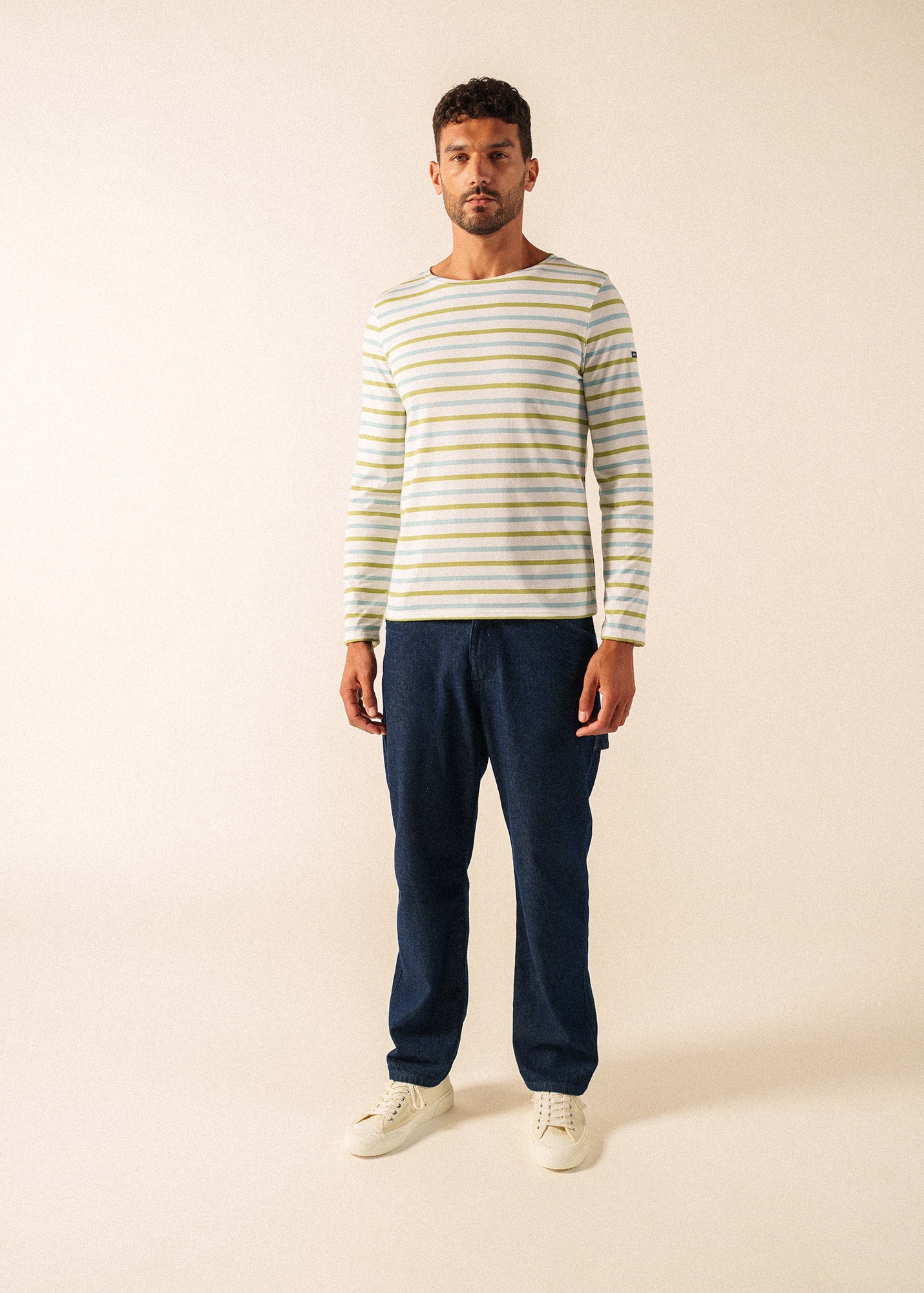 MINQUIERS MODERN TRI Tri-Color Breton Shirt (WHITE / SKYLIGHT BLUE / SAGE OLIVE)