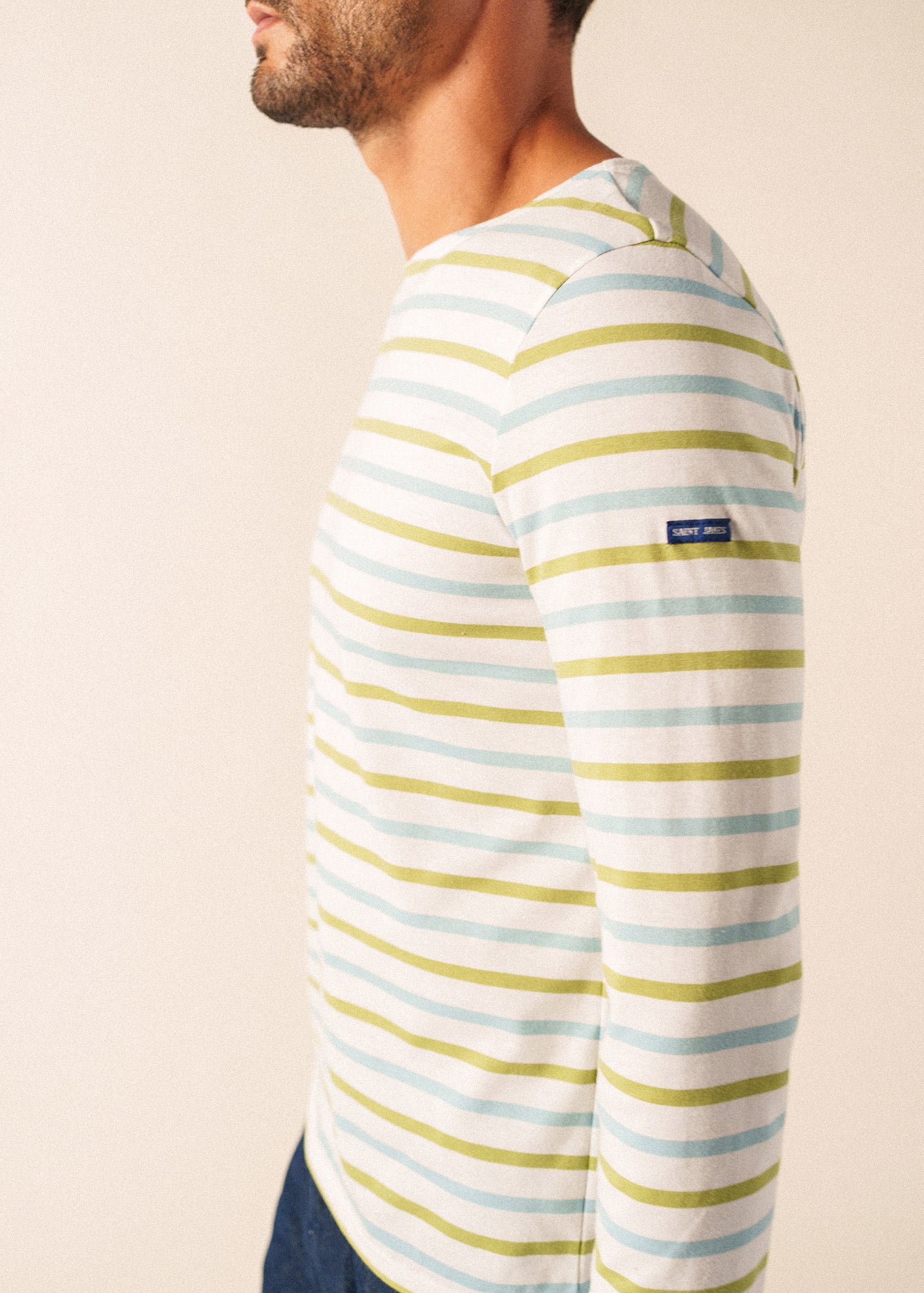 MINQUIERS MODERN TRI Tri-Color Breton Shirt (WHITE / SKYLIGHT BLUE / SAGE OLIVE)
