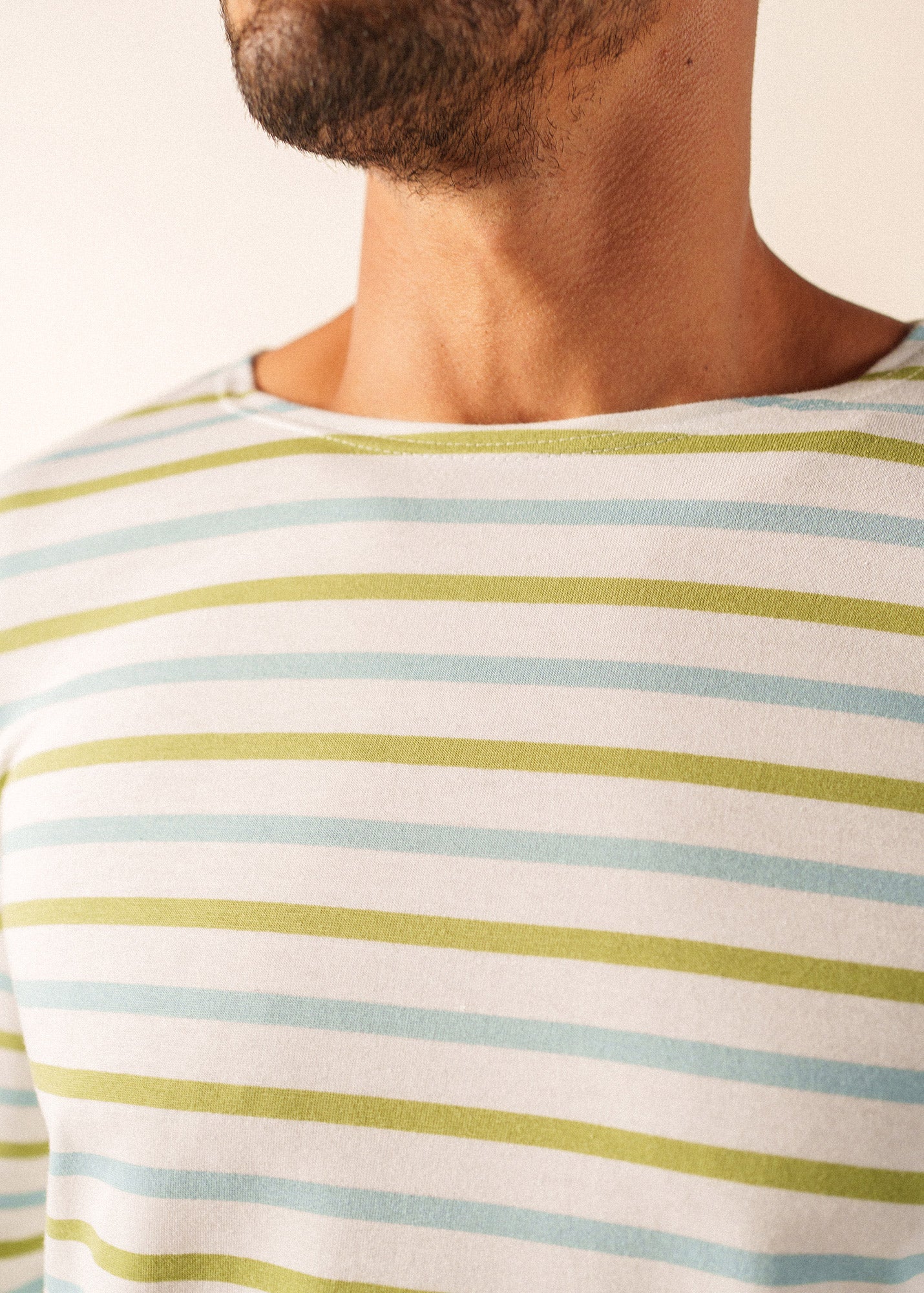 MINQUIERS MODERN TRI Tri-Color Breton Shirt (WHITE / SKYLIGHT BLUE / SAGE OLIVE)