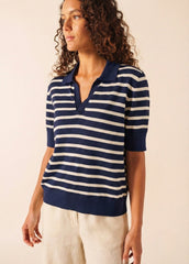 COIMBRA Striped Cotton & Cashmere Polo Sweater (NAVY / IVORY)