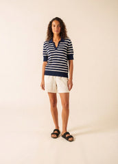 COIMBRA Striped Cotton & Cashmere Polo Sweater (NAVY / IVORY)
